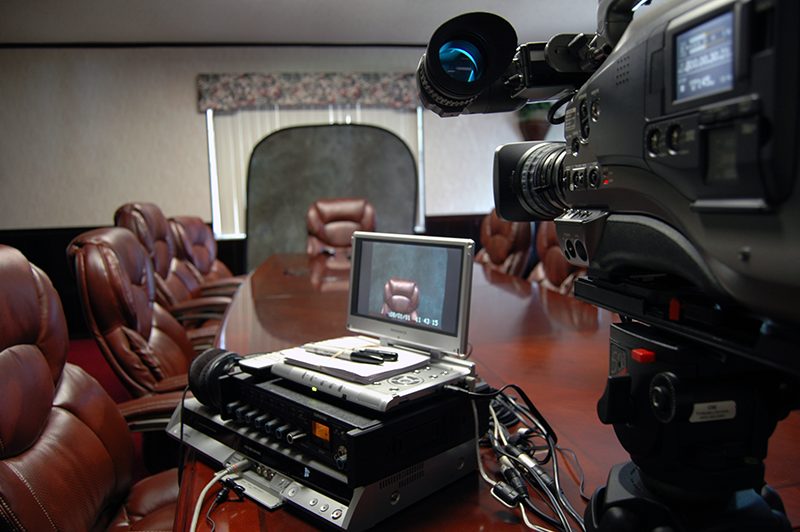 A conference room set up for video production