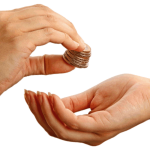 two abstract hands, one handing the other coins