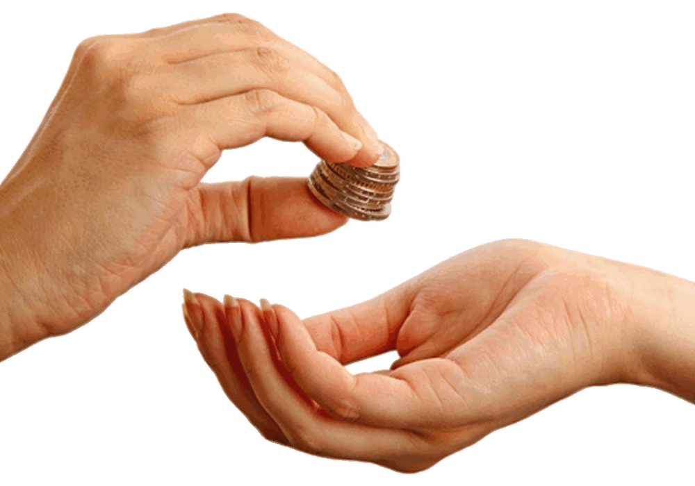 two abstract hands, one handing the other coins